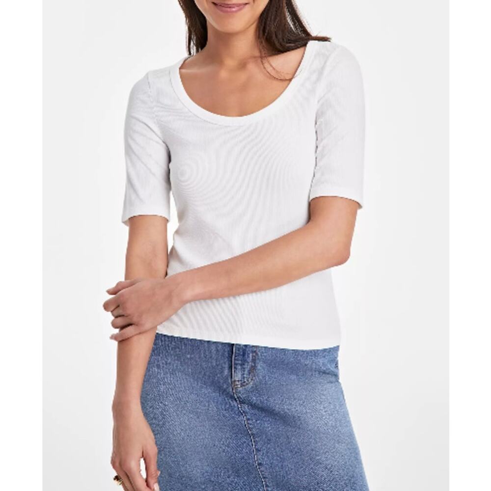 ON 34th Solid Scoop Neck Elbow Sleeve KnitTop White Size XL